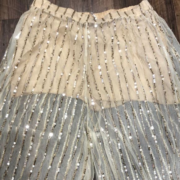 Free People ivory Mesh GoldSequin Skirt WidePant M - Picture 5 of 7